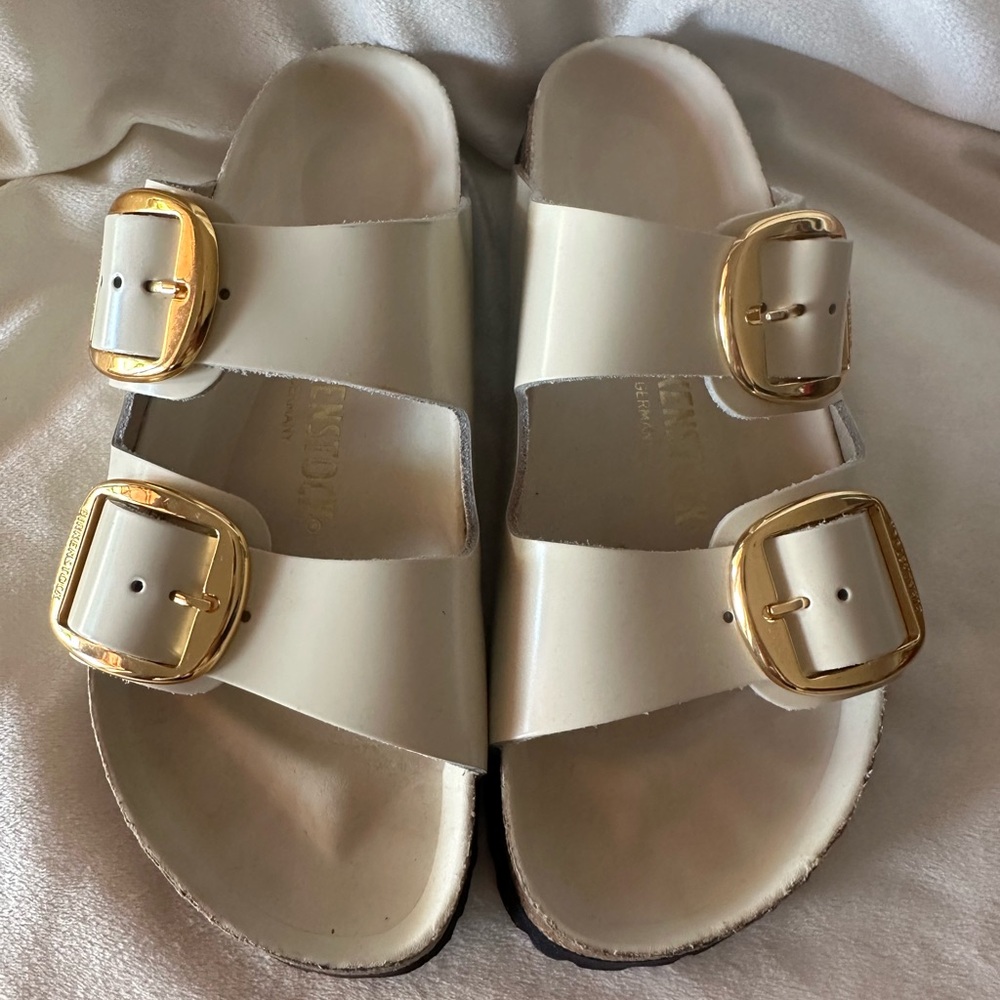 Birkenstock Cream Sandals with Gold Accents